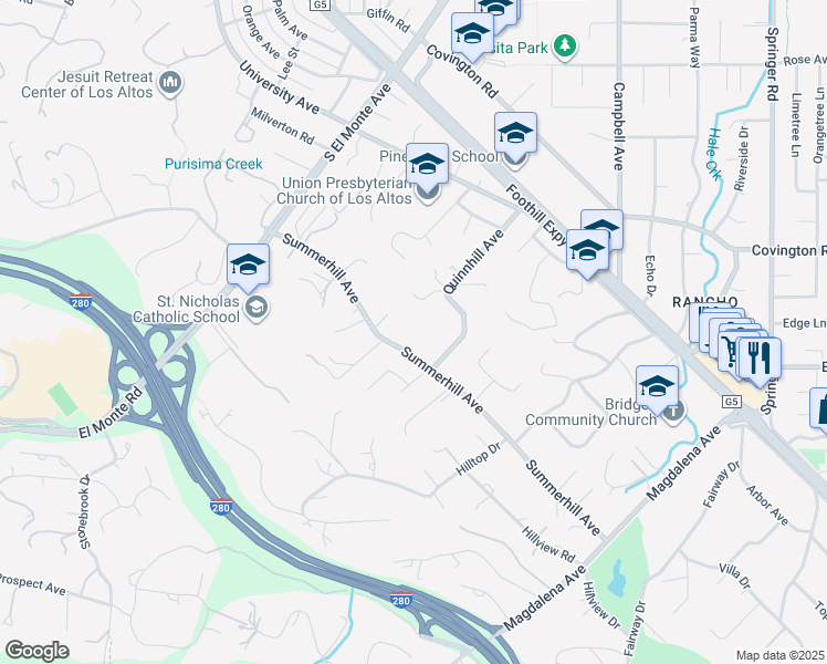 map of restaurants, bars, coffee shops, grocery stores, and more near 24521 Summerhill Avenue in Los Altos