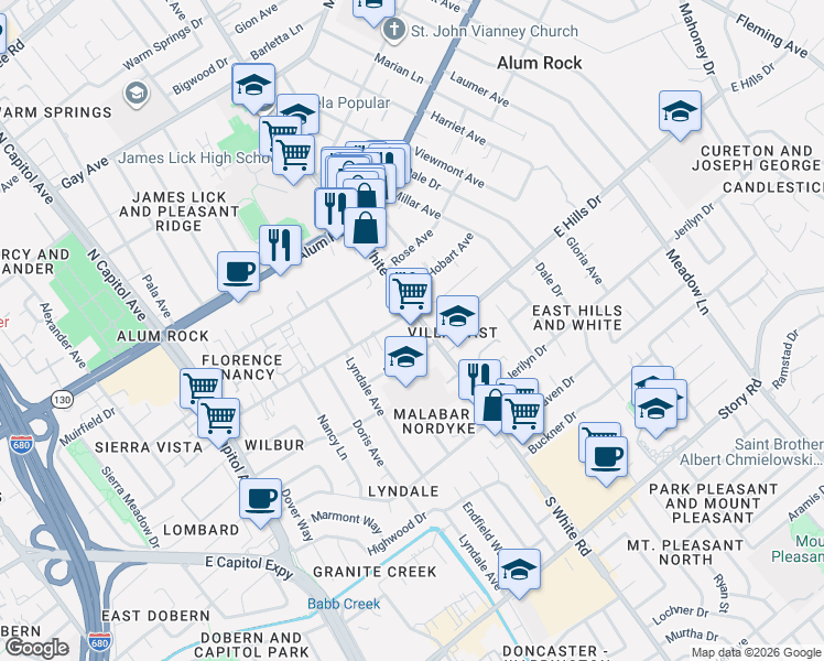 map of restaurants, bars, coffee shops, grocery stores, and more near 233 South White Road in San Jose
