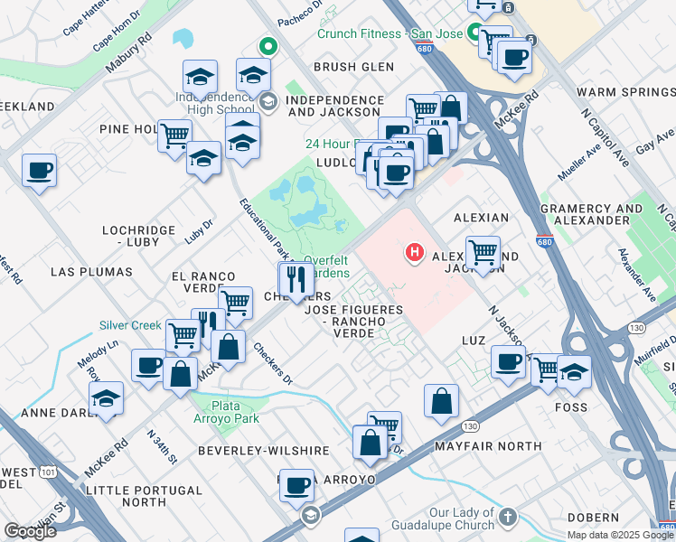 map of restaurants, bars, coffee shops, grocery stores, and more near 2050 McKee Road in San Jose