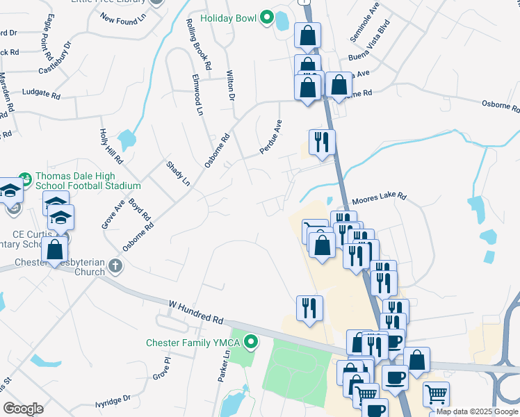 map of restaurants, bars, coffee shops, grocery stores, and more near 12137 Perdue Springs Loop in Chester