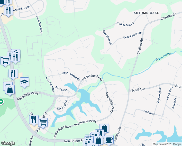 map of restaurants, bars, coffee shops, grocery stores, and more near 6103 Arbor Green Court in Chester