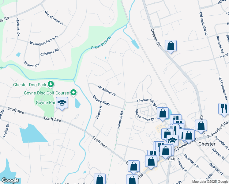 map of restaurants, bars, coffee shops, grocery stores, and more near 4830 McAllister Drive in Chester