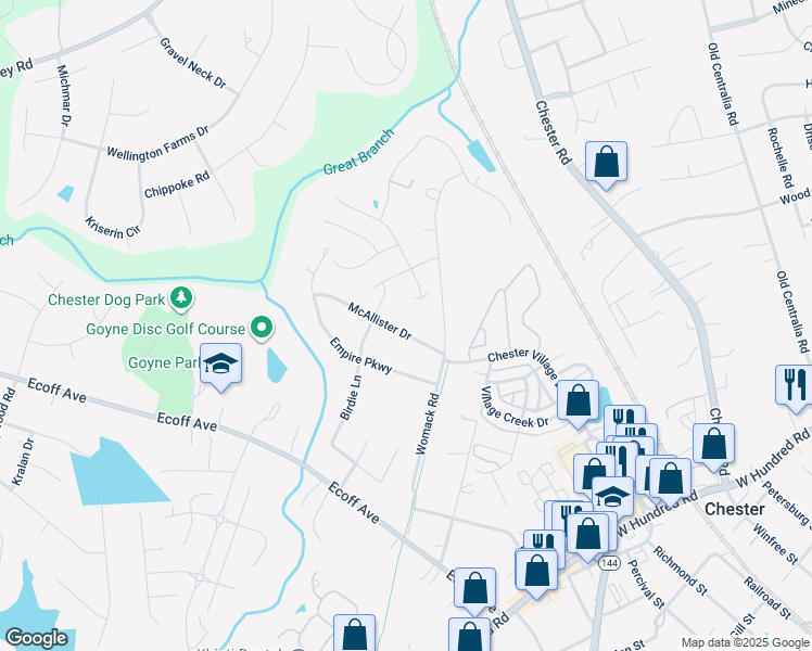 map of restaurants, bars, coffee shops, grocery stores, and more near 4830 McAllister Drive in Chester