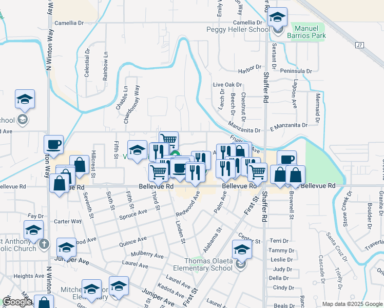 map of restaurants, bars, coffee shops, grocery stores, and more near 2809 Redwood Avenue in Atwater
