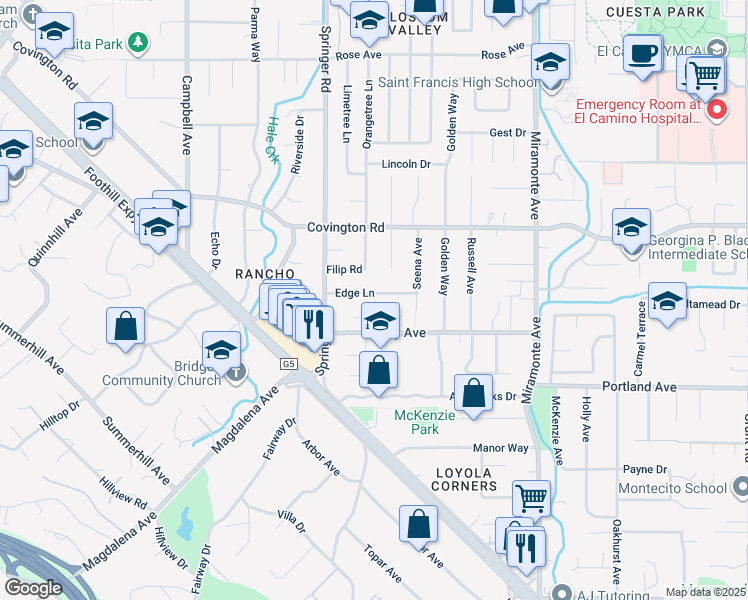 map of restaurants, bars, coffee shops, grocery stores, and more near 752 Edge Lane in Los Altos