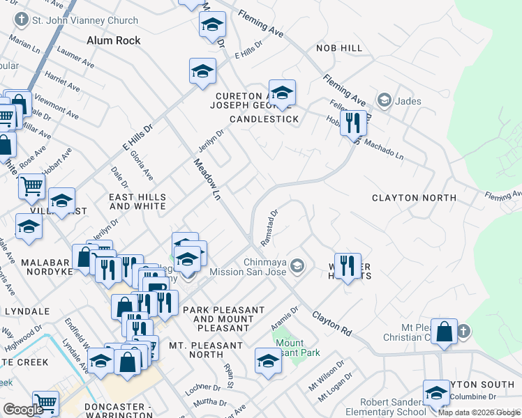 map of restaurants, bars, coffee shops, grocery stores, and more near 14568 Story Road in San Jose