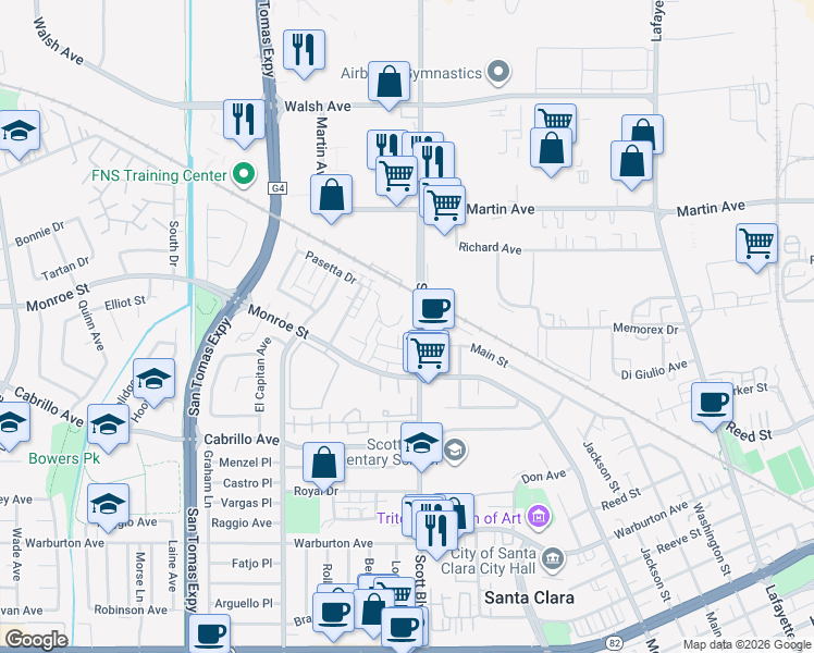 map of restaurants, bars, coffee shops, grocery stores, and more near 2112 Apperson Place in Santa Clara