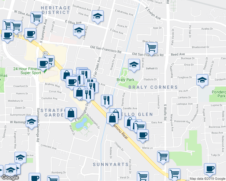 map of restaurants, bars, coffee shops, grocery stores, and more near 726 Golden Oak Drive in Sunnyvale