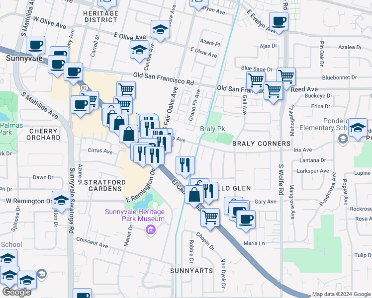 map of restaurants, bars, coffee shops, grocery stores, and more near 726 Golden Oak Drive in Sunnyvale
