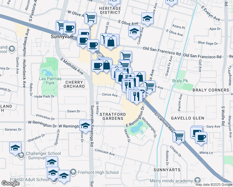 map of restaurants, bars, coffee shops, grocery stores, and more near 401 Cumulus Avenue in Sunnyvale