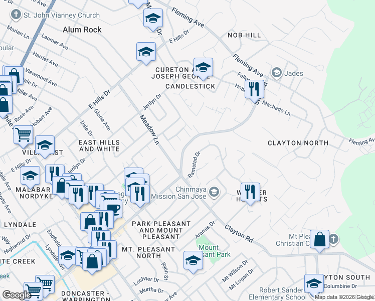 map of restaurants, bars, coffee shops, grocery stores, and more near 14568 Story Road in San Jose