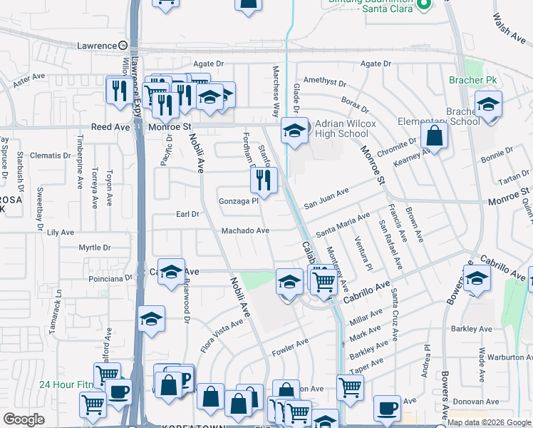 map of restaurants, bars, coffee shops, grocery stores, and more near 3359 Machado Avenue in Santa Clara