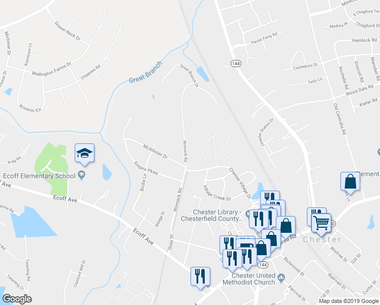 map of restaurants, bars, coffee shops, grocery stores, and more near 11723 Womack Road in Chester