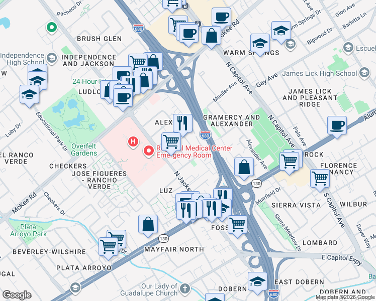 map of restaurants, bars, coffee shops, grocery stores, and more near 146 Damsen Drive in San Jose