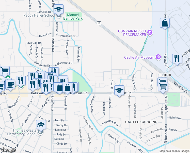map of restaurants, bars, coffee shops, grocery stores, and more near 2900 Muir Avenue in Atwater
