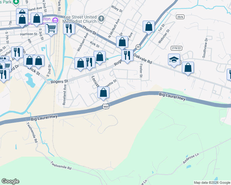 map of restaurants, bars, coffee shops, grocery stores, and more near U.S. 460 in Princeton