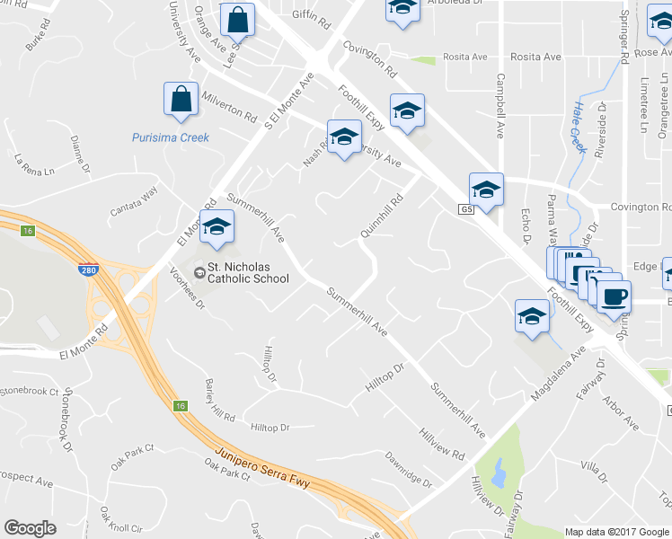 map of restaurants, bars, coffee shops, grocery stores, and more near 24521 Summerhill Avenue in Los Altos