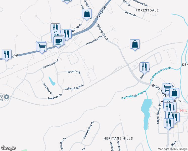 map of restaurants, bars, coffee shops, grocery stores, and more near 1079 Blane Drive in Forest