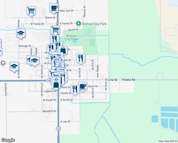 map of restaurants, bars, coffee shops, grocery stores, and more near 201-215 North 2nd Street in Bishop