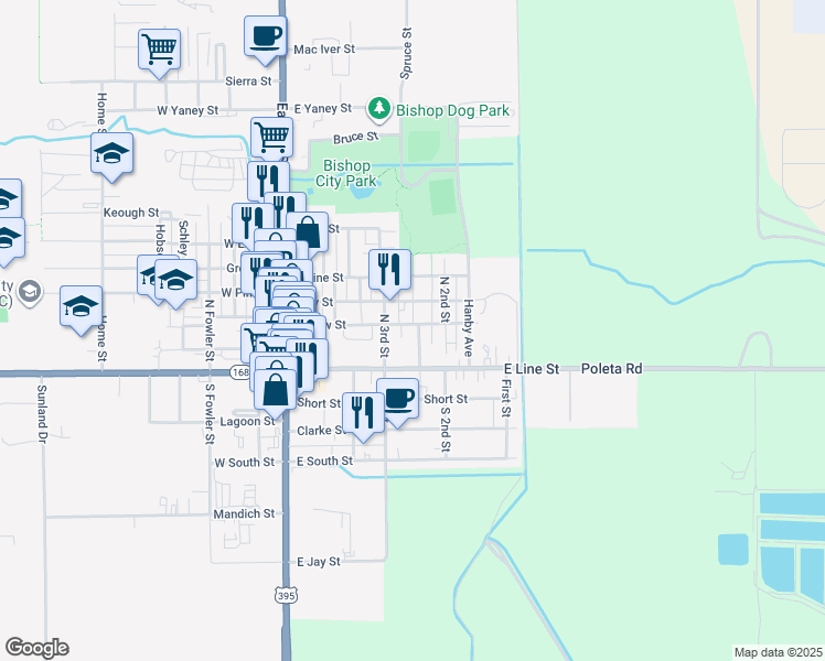 map of restaurants, bars, coffee shops, grocery stores, and more near 123 Moffett Drive in Bishop