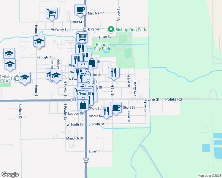 map of restaurants, bars, coffee shops, grocery stores, and more near 261 East Line Street in Bishop