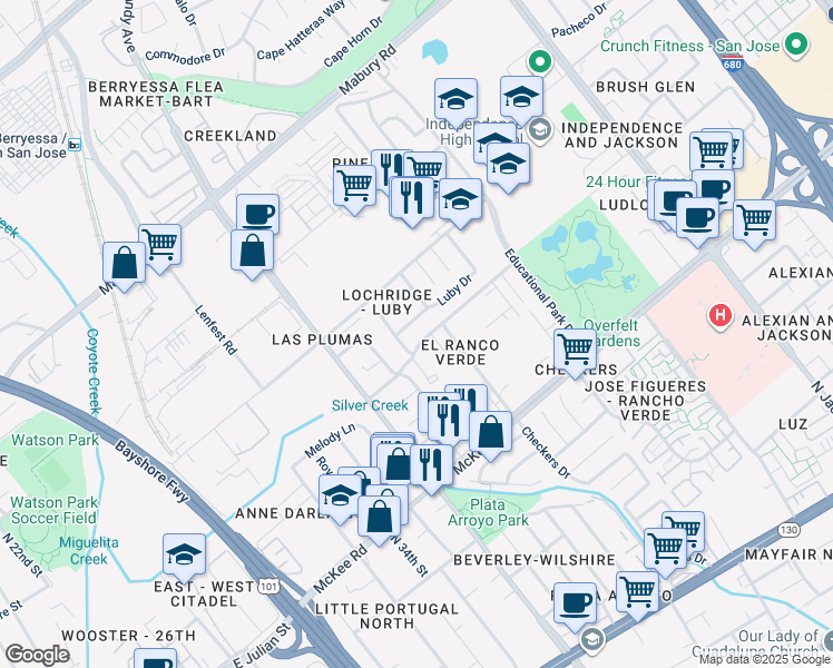 map of restaurants, bars, coffee shops, grocery stores, and more near 480 Avalani Avenue in San Jose