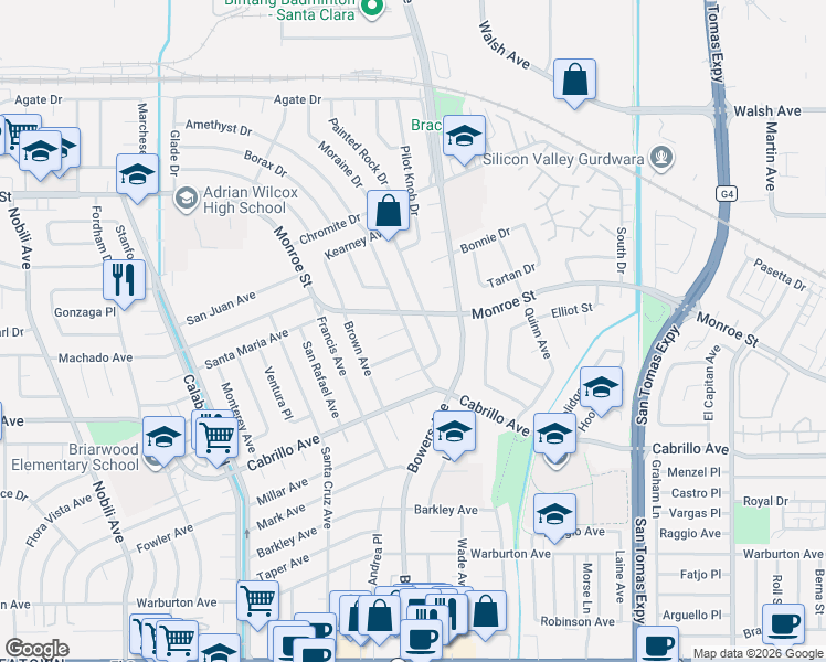 map of restaurants, bars, coffee shops, grocery stores, and more near 2165 Amethyst Drive in Santa Clara