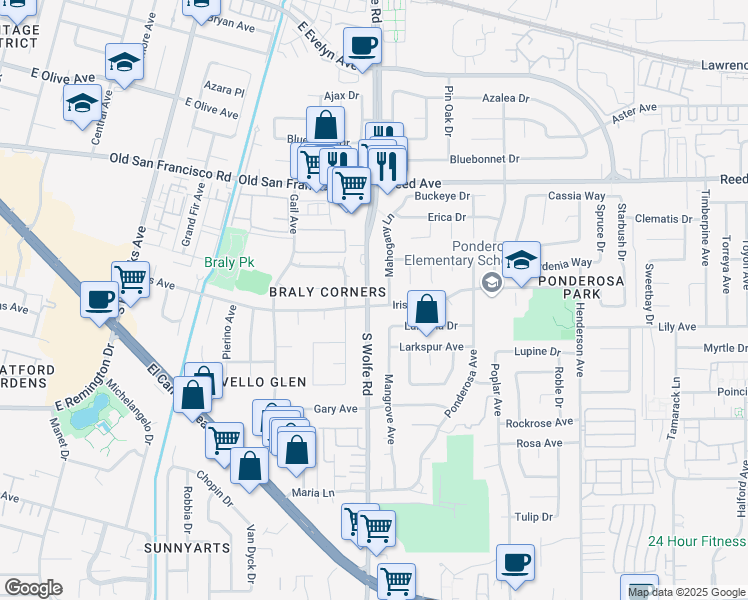 map of restaurants, bars, coffee shops, grocery stores, and more near 813 South Wolfe Road in Sunnyvale