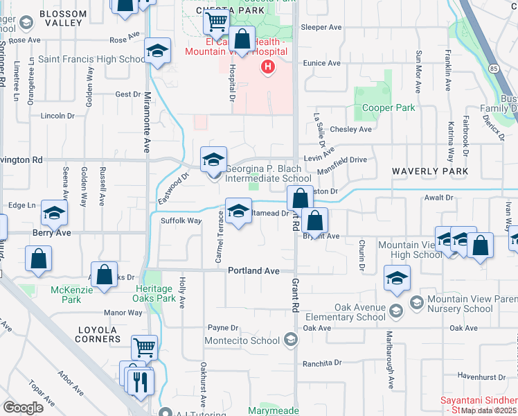 map of restaurants, bars, coffee shops, grocery stores, and more near 1150 Lammy Place in Los Altos