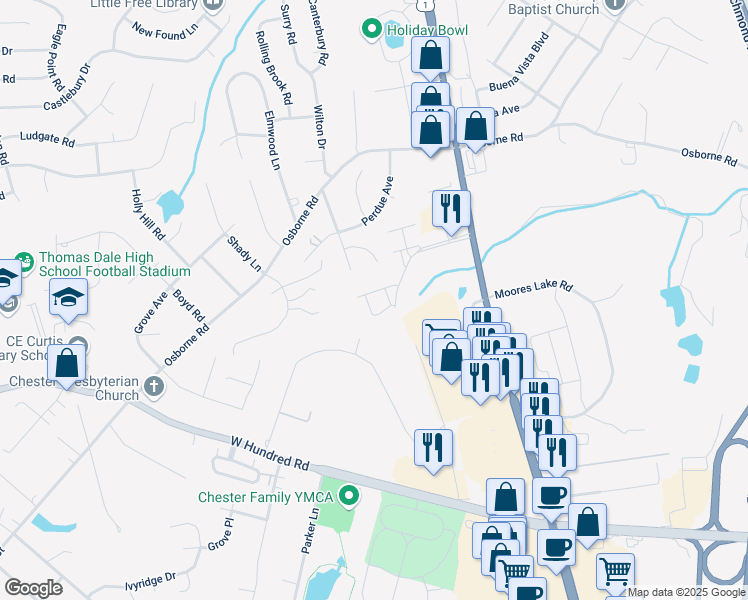 map of restaurants, bars, coffee shops, grocery stores, and more near 12136 Perdue Springs Loop in Chester