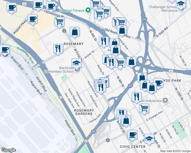 map of restaurants, bars, coffee shops, grocery stores, and more near in San Jose