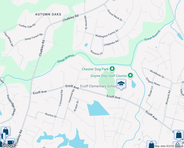 map of restaurants, bars, coffee shops, grocery stores, and more near 5400 Krag Court in Chester