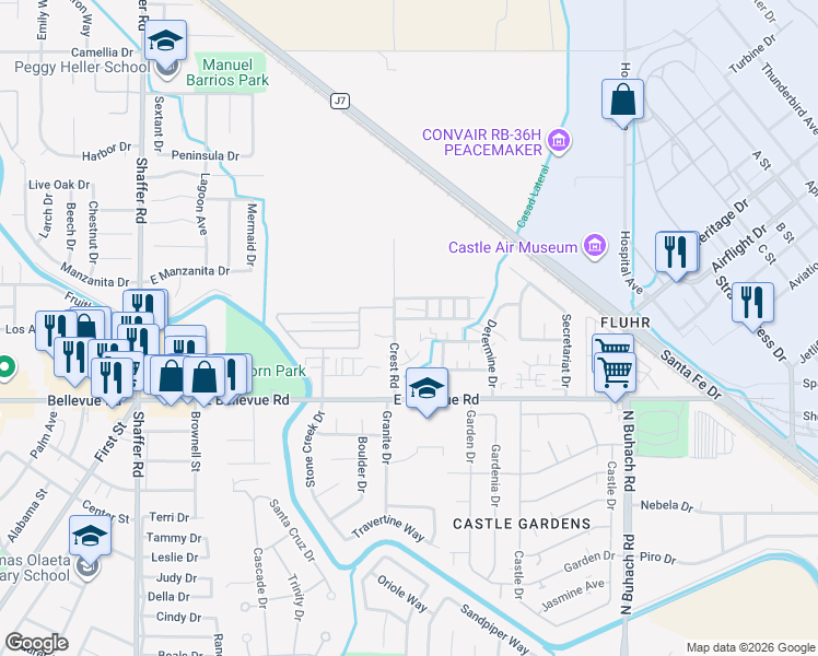 map of restaurants, bars, coffee shops, grocery stores, and more near 1049 Cameo Court in Atwater