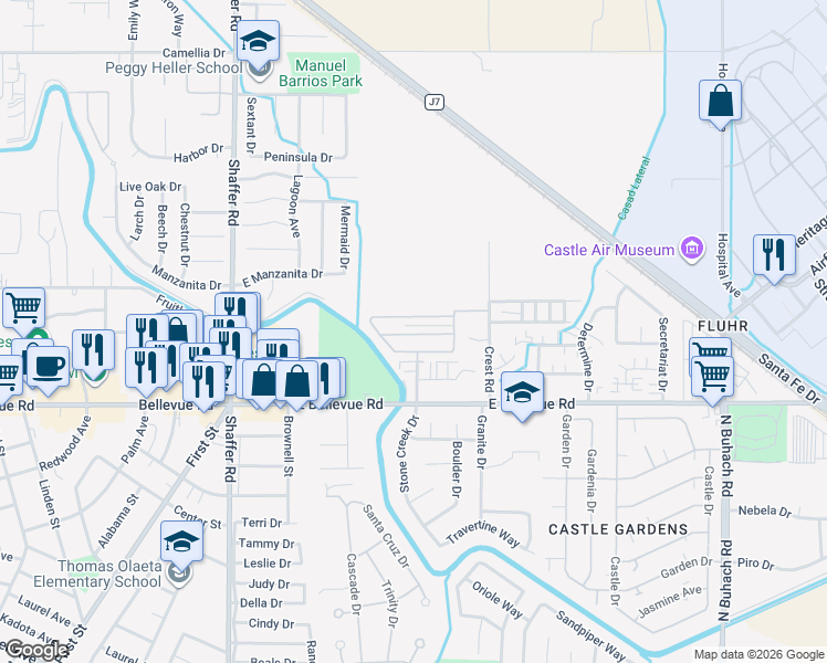 map of restaurants, bars, coffee shops, grocery stores, and more near 2900 Muir Avenue in Atwater