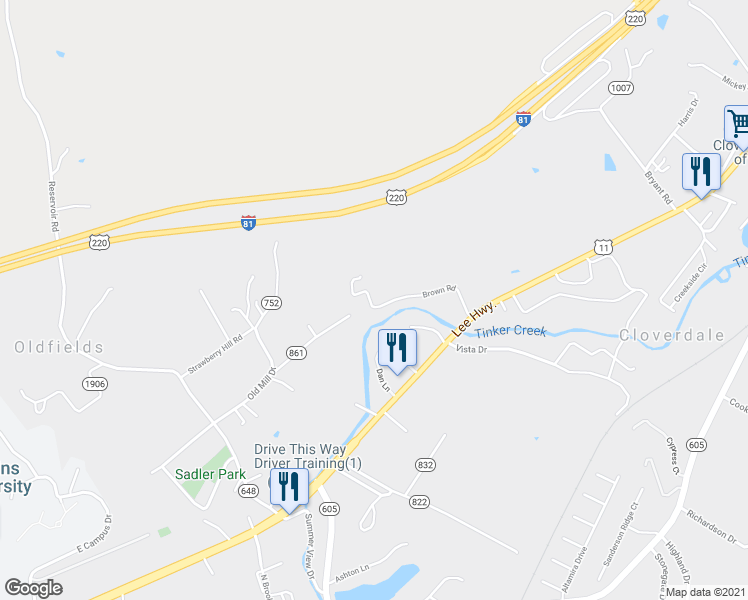 map of restaurants, bars, coffee shops, grocery stores, and more near 294 Brown Road in Roanoke