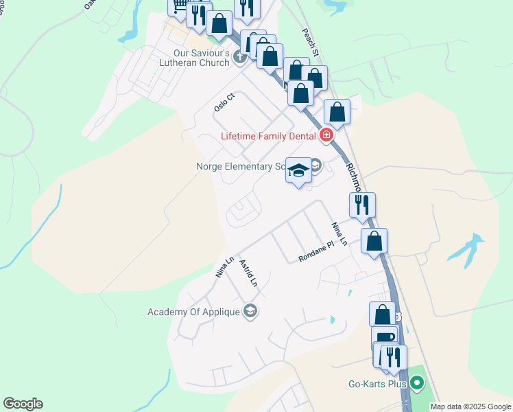 map of restaurants, bars, coffee shops, grocery stores, and more near 1112 Hitchens Lane in Williamsburg