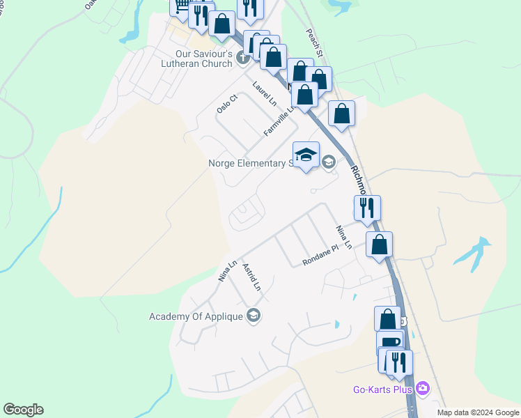 map of restaurants, bars, coffee shops, grocery stores, and more near 1112 Hitchens Lane in Williamsburg