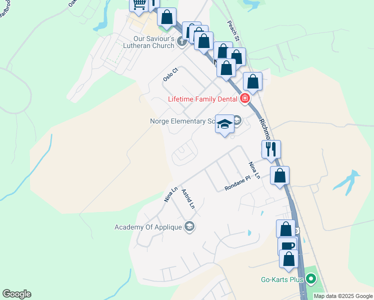 map of restaurants, bars, coffee shops, grocery stores, and more near 3025 Clinton Court in Williamsburg