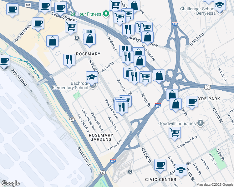 map of restaurants, bars, coffee shops, grocery stores, and more near 1465 Kerley Drive in San Jose