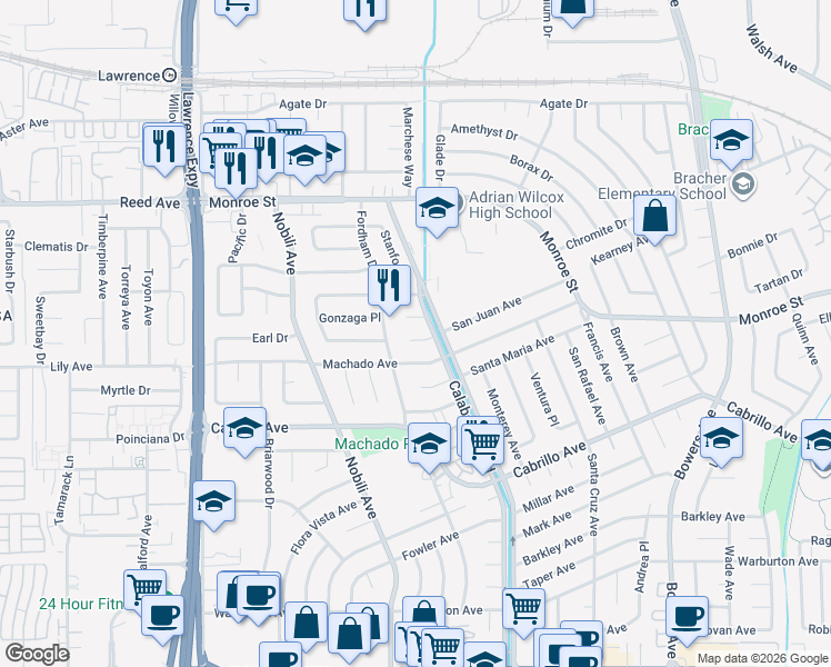 map of restaurants, bars, coffee shops, grocery stores, and more near 2276 Calabazas Boulevard in Santa Clara