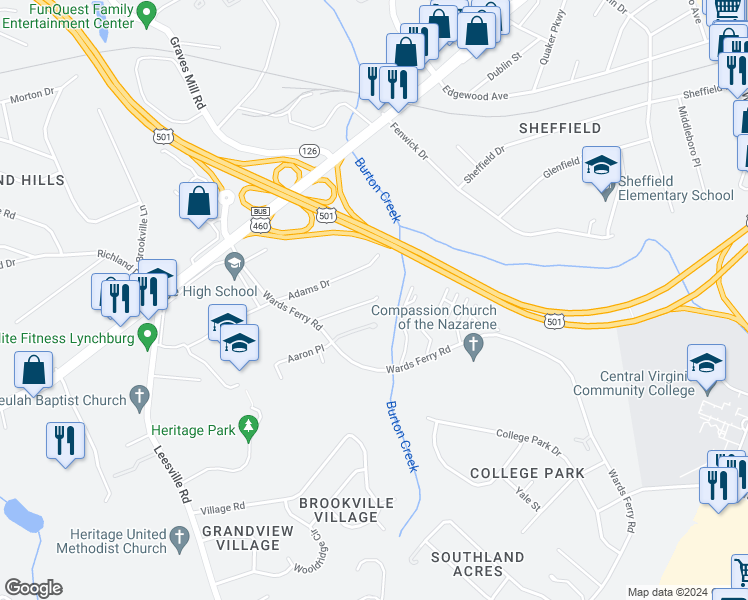 map of restaurants, bars, coffee shops, grocery stores, and more near 127 Water Gate Drive in Lynchburg