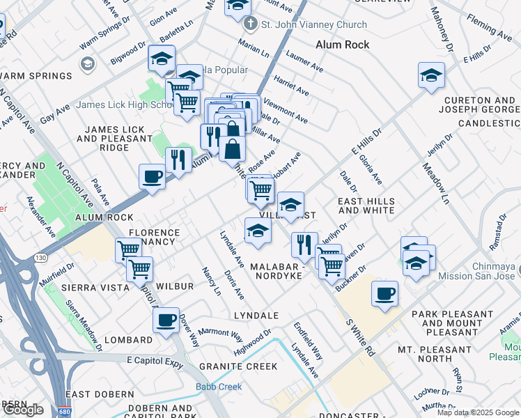 map of restaurants, bars, coffee shops, grocery stores, and more near 3098 Florence Avenue in San Jose