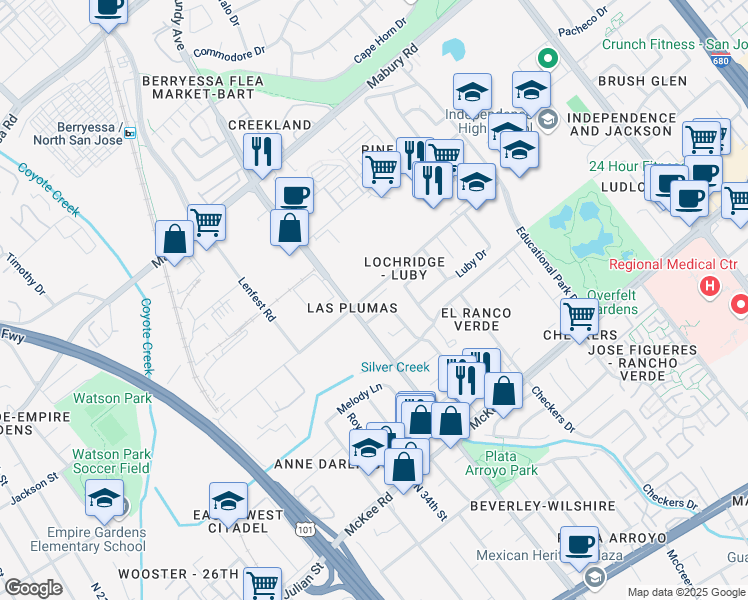 map of restaurants, bars, coffee shops, grocery stores, and more near 1805 Las Plumas Avenue in San Jose