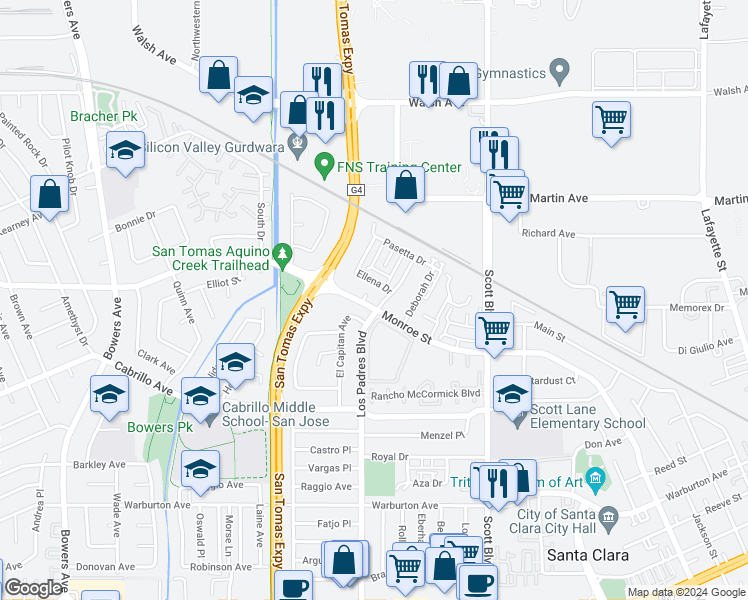 map of restaurants, bars, coffee shops, grocery stores, and more near 2274 Ellena Drive in Santa Clara