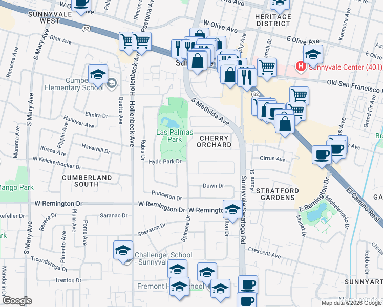 map of restaurants, bars, coffee shops, grocery stores, and more near 595 Crawford Drive in Sunnyvale