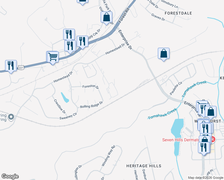 map of restaurants, bars, coffee shops, grocery stores, and more near 1047 Blane Drive in Forest