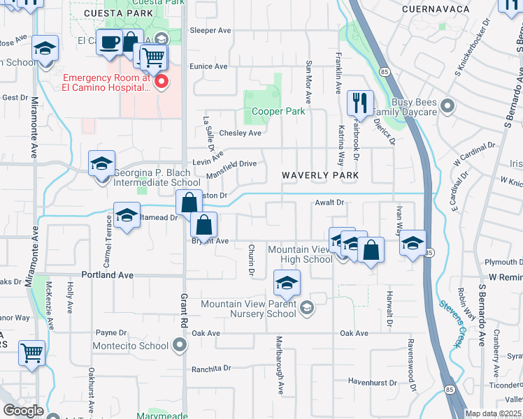 map of restaurants, bars, coffee shops, grocery stores, and more near 693 Waltham Street in Mountain View