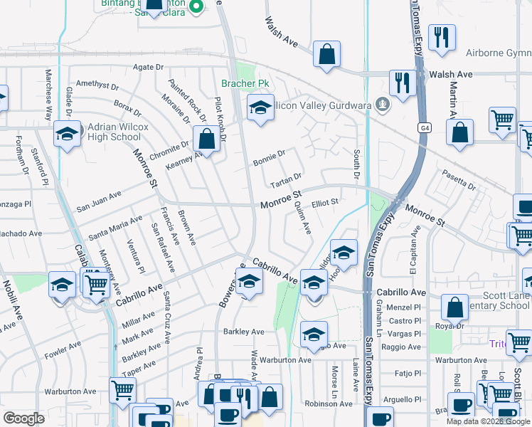 map of restaurants, bars, coffee shops, grocery stores, and more near 2631 Monroe Street in Santa Clara