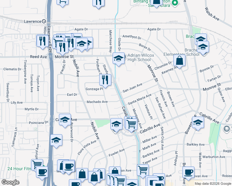 map of restaurants, bars, coffee shops, grocery stores, and more near 2276 Calabazas Boulevard in Santa Clara