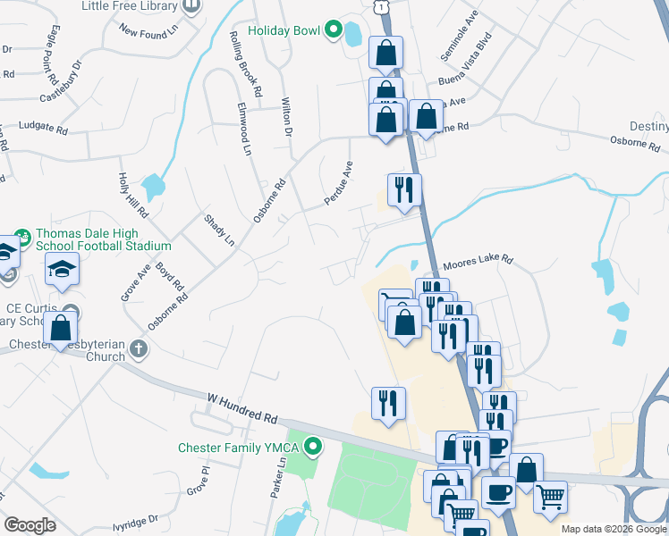map of restaurants, bars, coffee shops, grocery stores, and more near 2901 Warfield Ridge Terrace in Chester